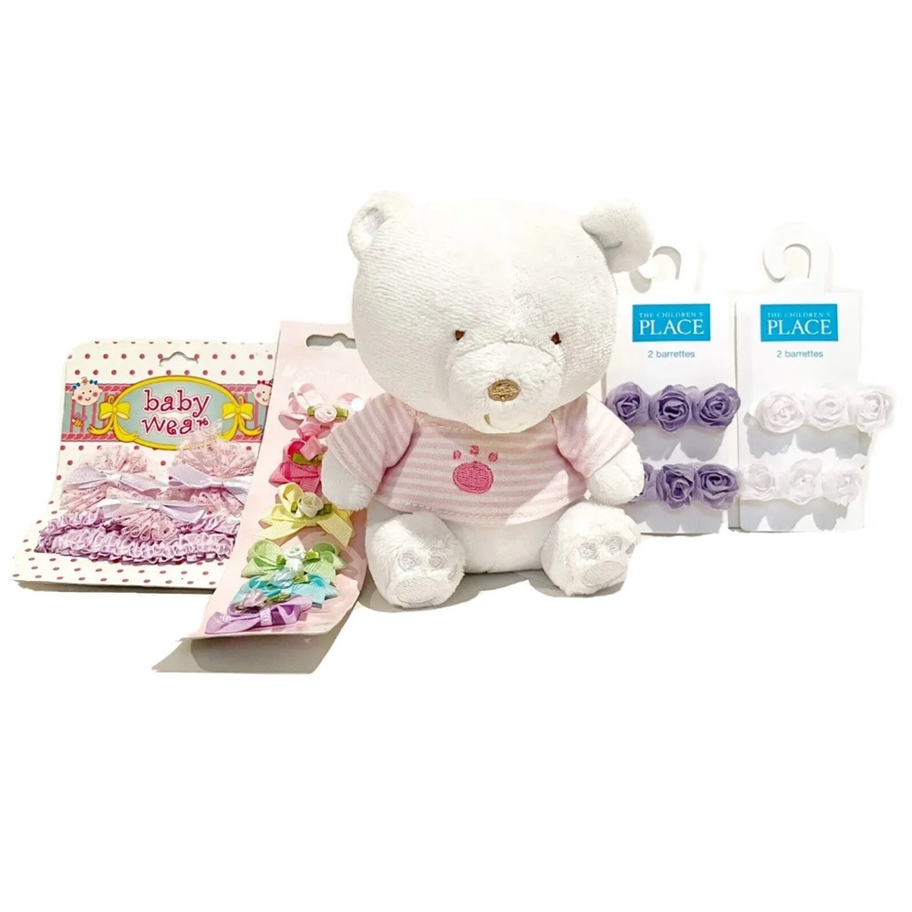 Baby Girl Childrens Place Teddy Bear Rattle Rose Hair Clips Bows Barrettes Pink